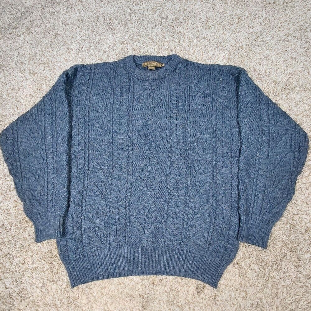 Inis Crafts Aran Knit Fisherman Cable Knit Sweater Mens Large Blue Wool Ireland